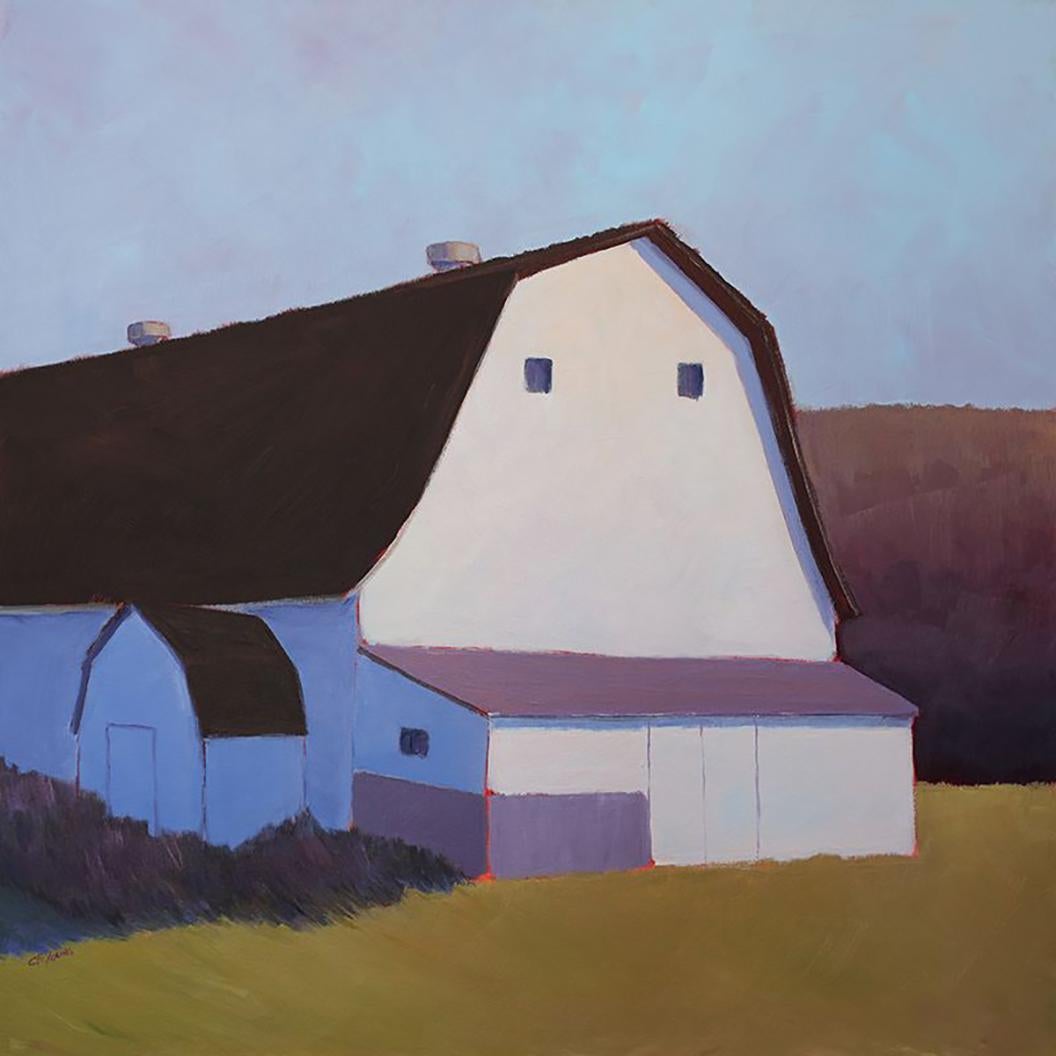 Carol Young, "Muted Mauve", 30x30 Bunte Scheunenlandschaft Öl auf Leinwand