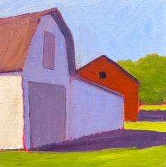 Carol Young, "Purple and Poppy", 6x6 Colorful Barn Landscape Oil on Board