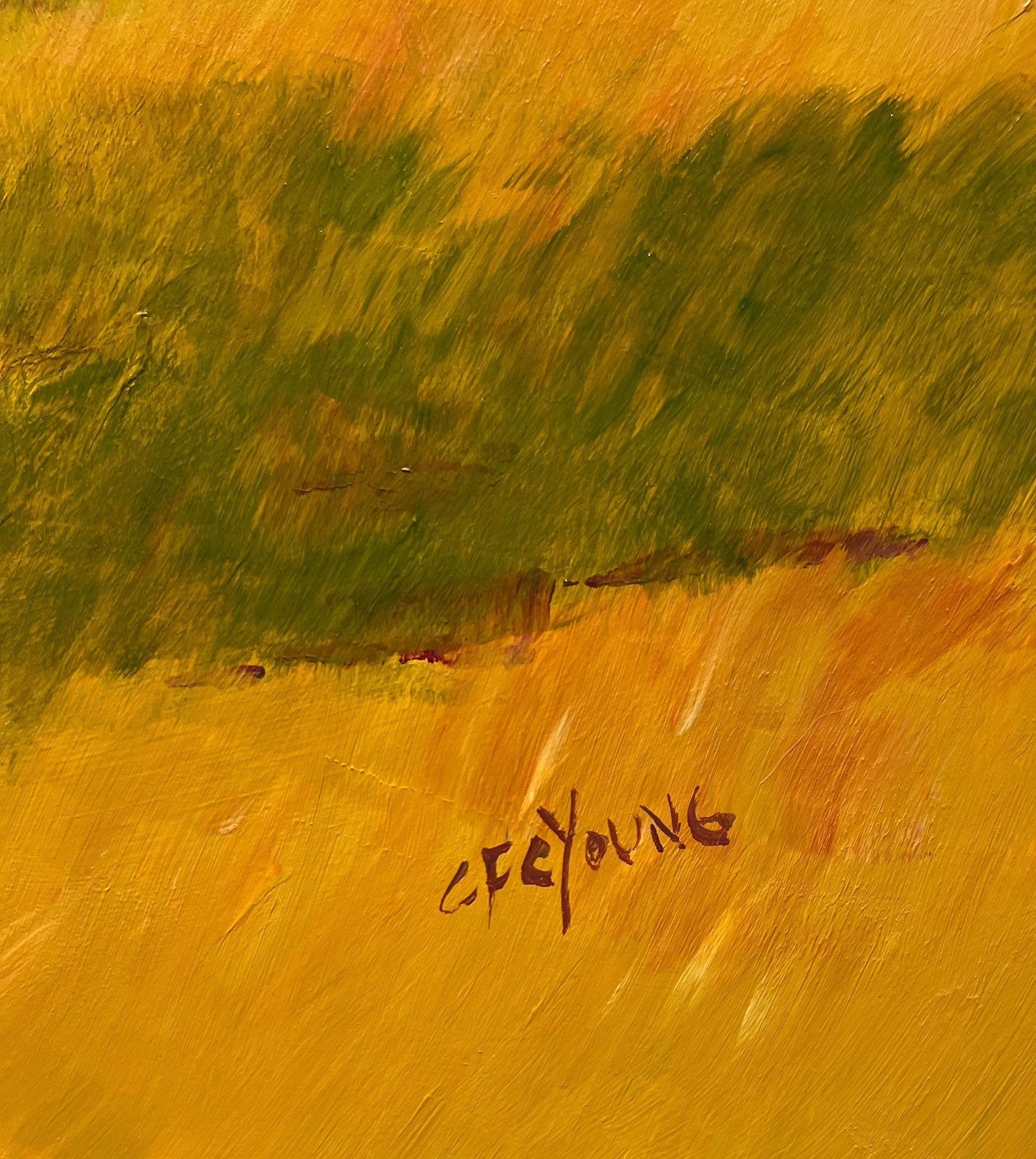 Carol Young, „Saffron Clearing“, 36x36, farbenfrohes Bauernlandschaftsgemälde  im Angebot 6