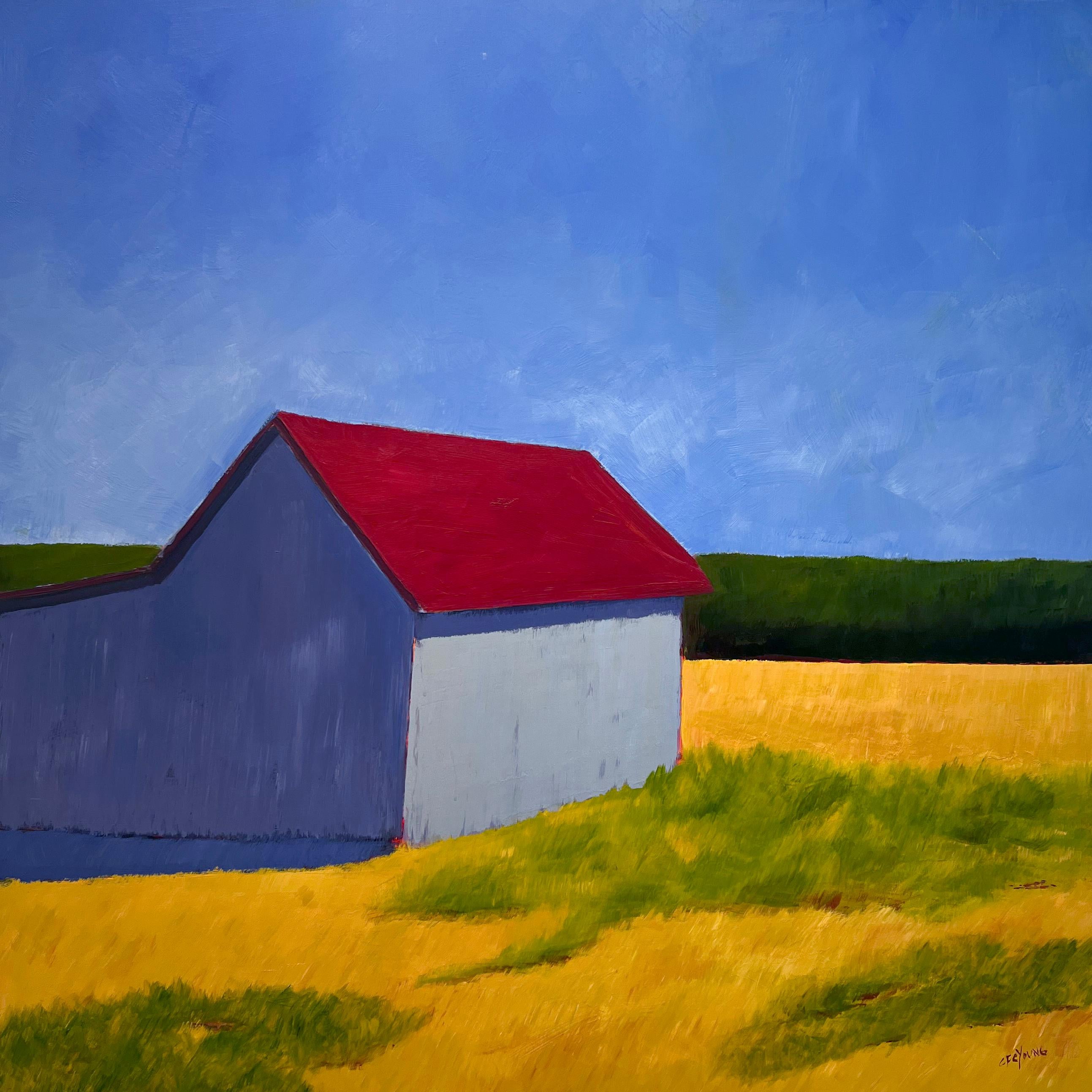 Carol Young, "Saffron Clearing", 36x36 Colorful Barn Landscape Painting 
