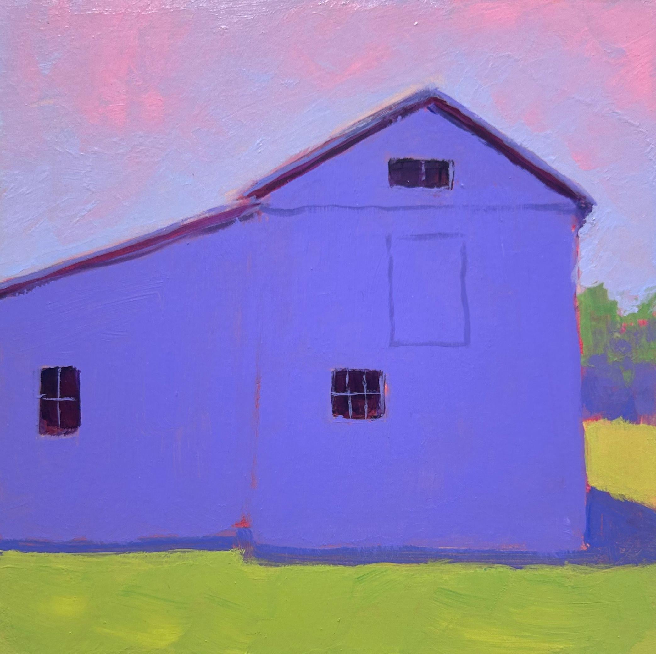 Carol Young, "Very Violet", 6x6 Bunte Scheunenlandschaft Öl auf Karton