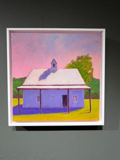 Carol Young, "Violet Barn", 16x16, Paesaggio con fienile colorato, olio su tavola