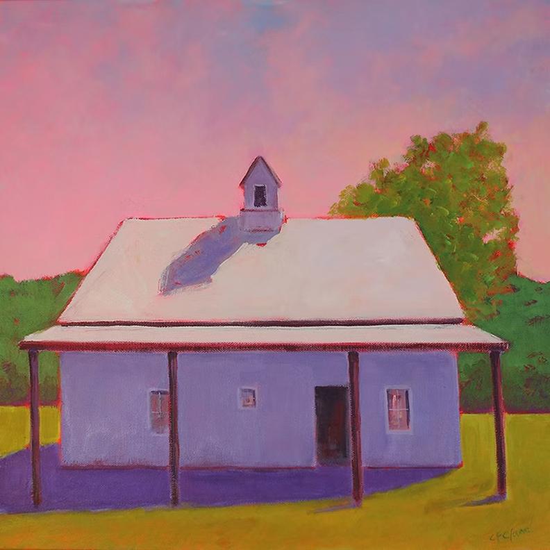 Carol Young, „Violet Barn“, 16x16, farbenfrohe Scheunenlandschaft, Öl auf Holzplatte