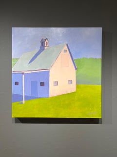Carol Young, "Willow and Sage", 30x30, Paesaggio con fienile colorato, olio su tavola