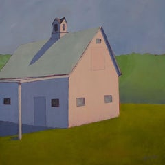 Carol Young, "Willow and Sage", 30x30, Paesaggio con fienile colorato, olio su tavola