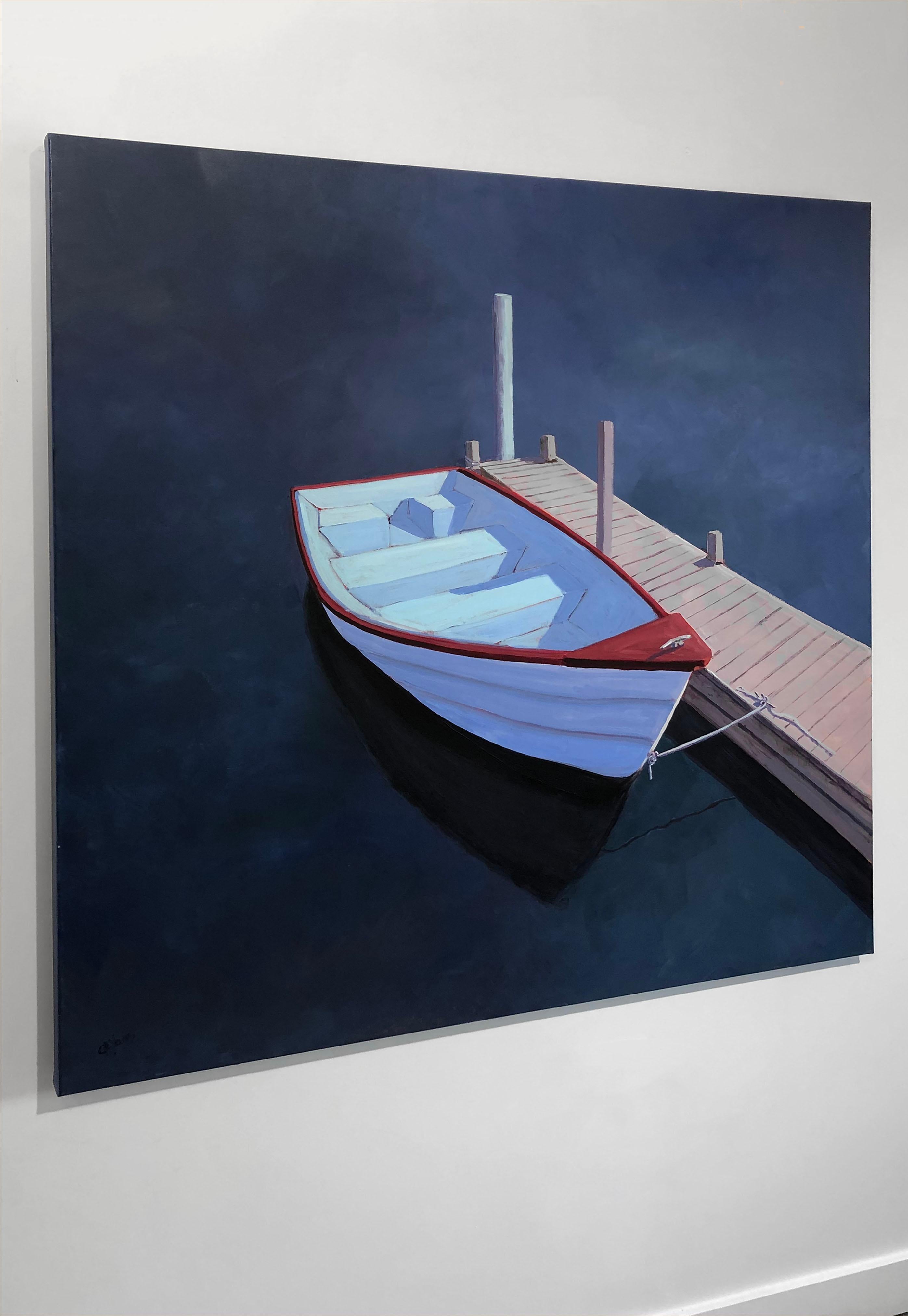 This contemporary coastal painting by Carol Young depicts a light blue rowboat with a painted red rim, tied to a neutral beige dock which extends from the bottom-right edge of the canvas into the center, drawing the eye into the composition. The