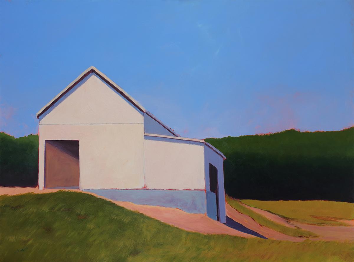 Carol Young Landscape Painting - "Easton Hill, " Contemporary Barn Painting