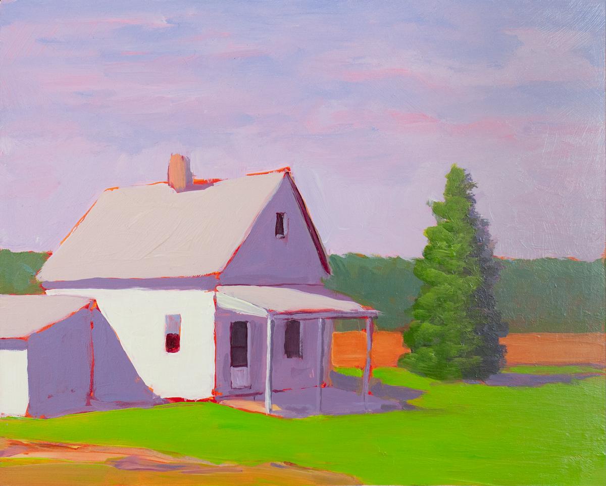 This small contemporary landscape painting by Carol Young features a colorful palette and captures a white house which casts cool stark violet shadows over vibrant green grass. The cool purple shadows are mirrored by a lavender pink sky. The