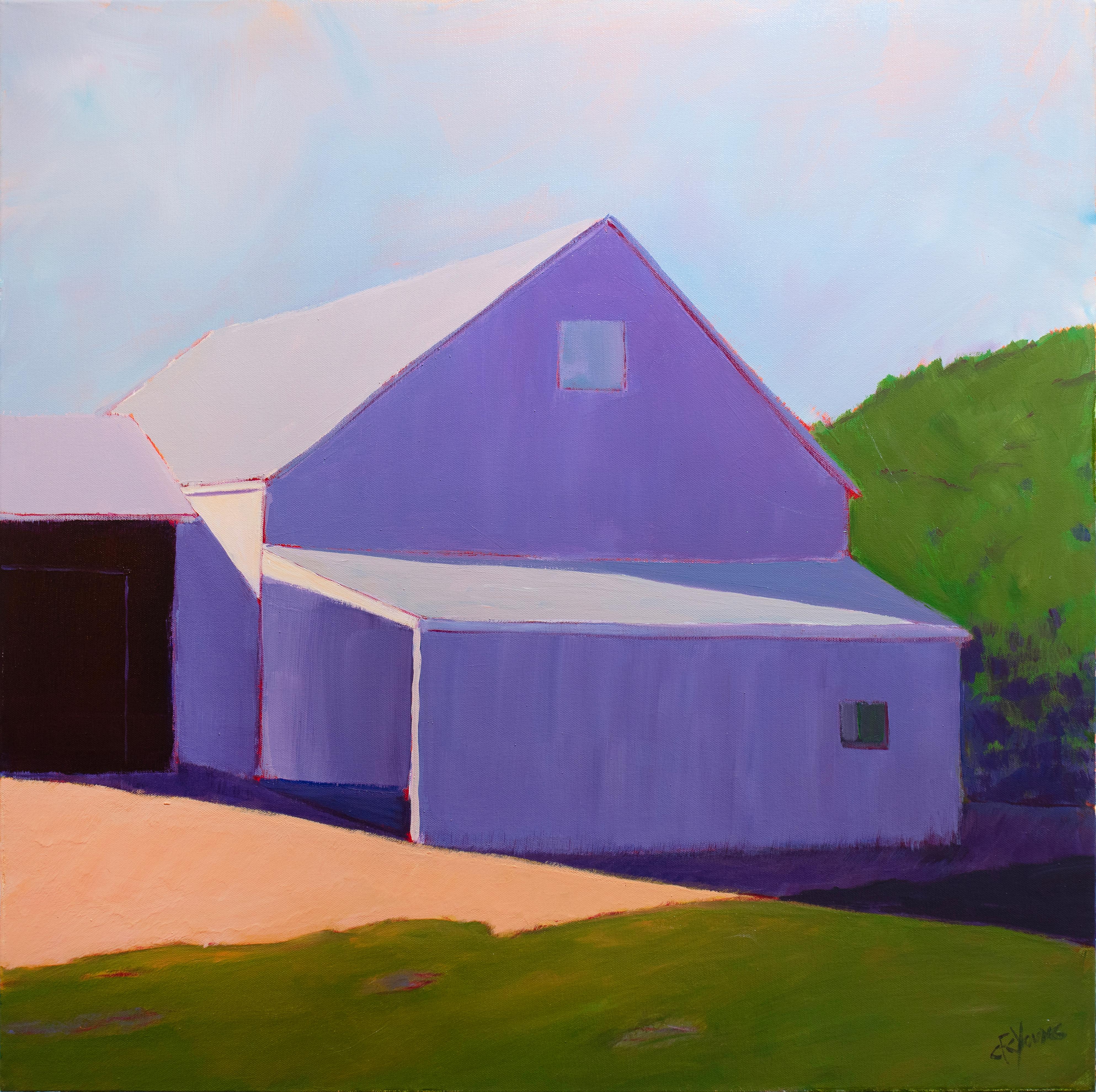 This contemporary realistic landscape painting by Carol Young captures a barn in a rural setting. It features a vibrant, contrasting palette with a violet architectural structure, green foliage, and a bright orange piece of land to the left of the