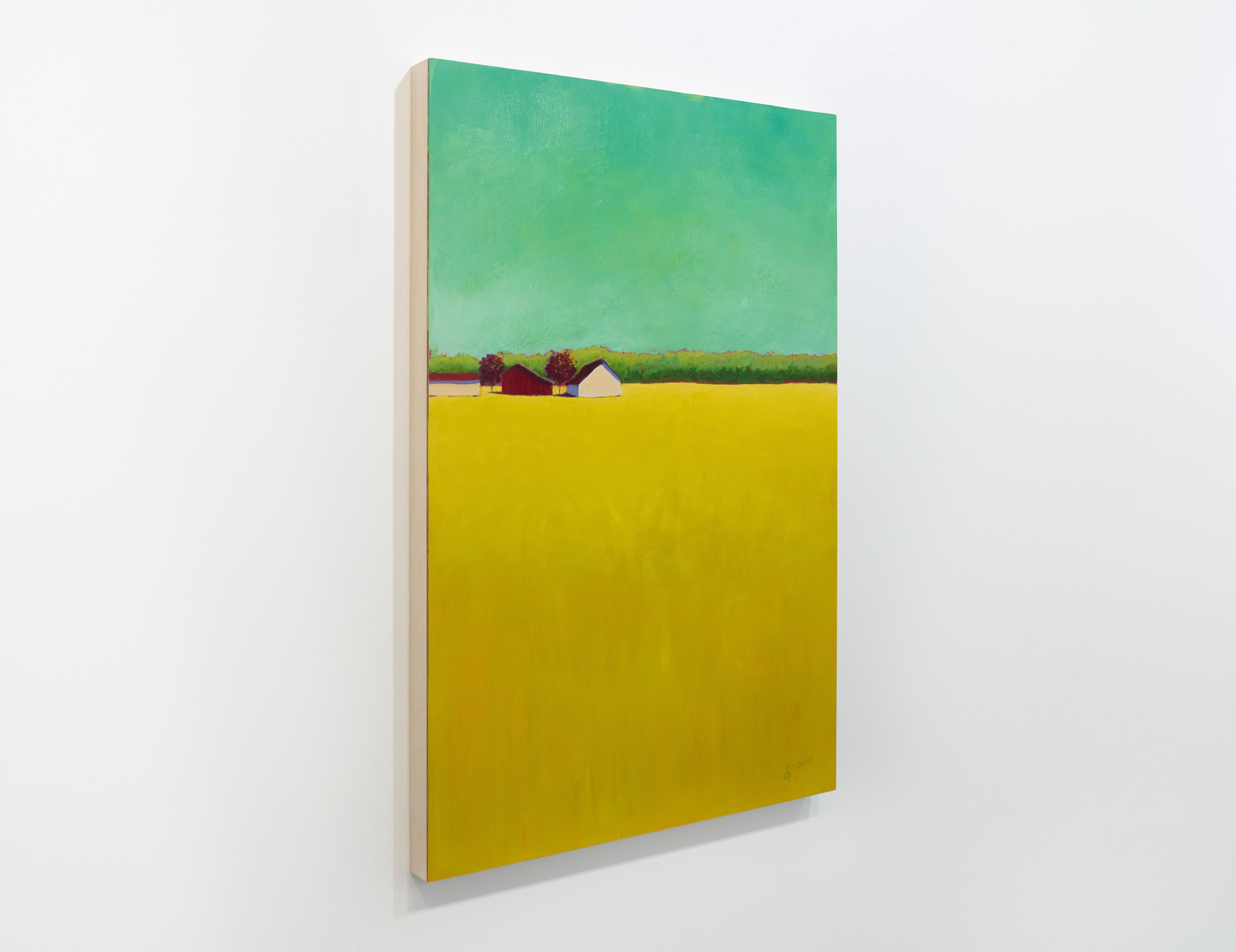 Ce paysage coloré peint par Carol Young présente une palette vibrante de turquoise, de jaune-vert et de rouge, avec une ligne d'horizon élevée, un feuillage vert et de petites granges. Au-dessus et au-dessous de lui se trouvent des étendues colorées