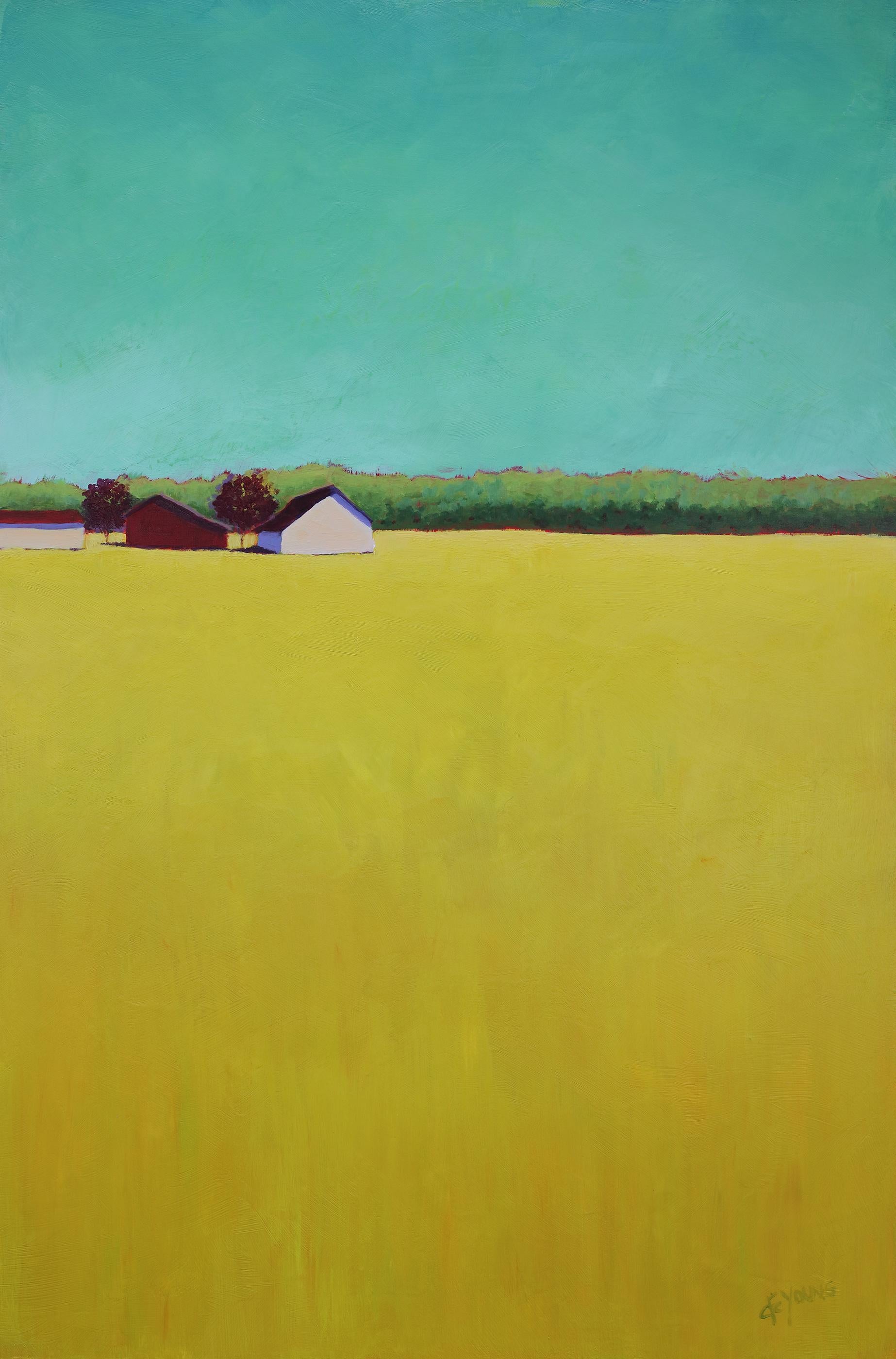 This colorful landscape painting by Carol Young features a vibrant turquoise, yellow-green and red palette, with a high horizon line, green foliage, and small barns. Above and below it are colorful expanses of ground and sky. The painting is made on