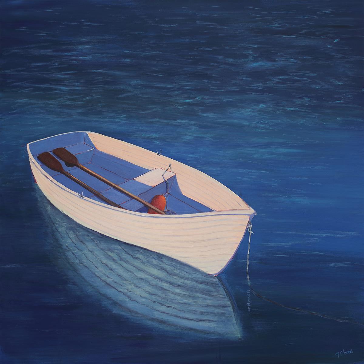 Carol Young Landscape Painting - "Lazy Skiff, " Contemporary Coastal Painting