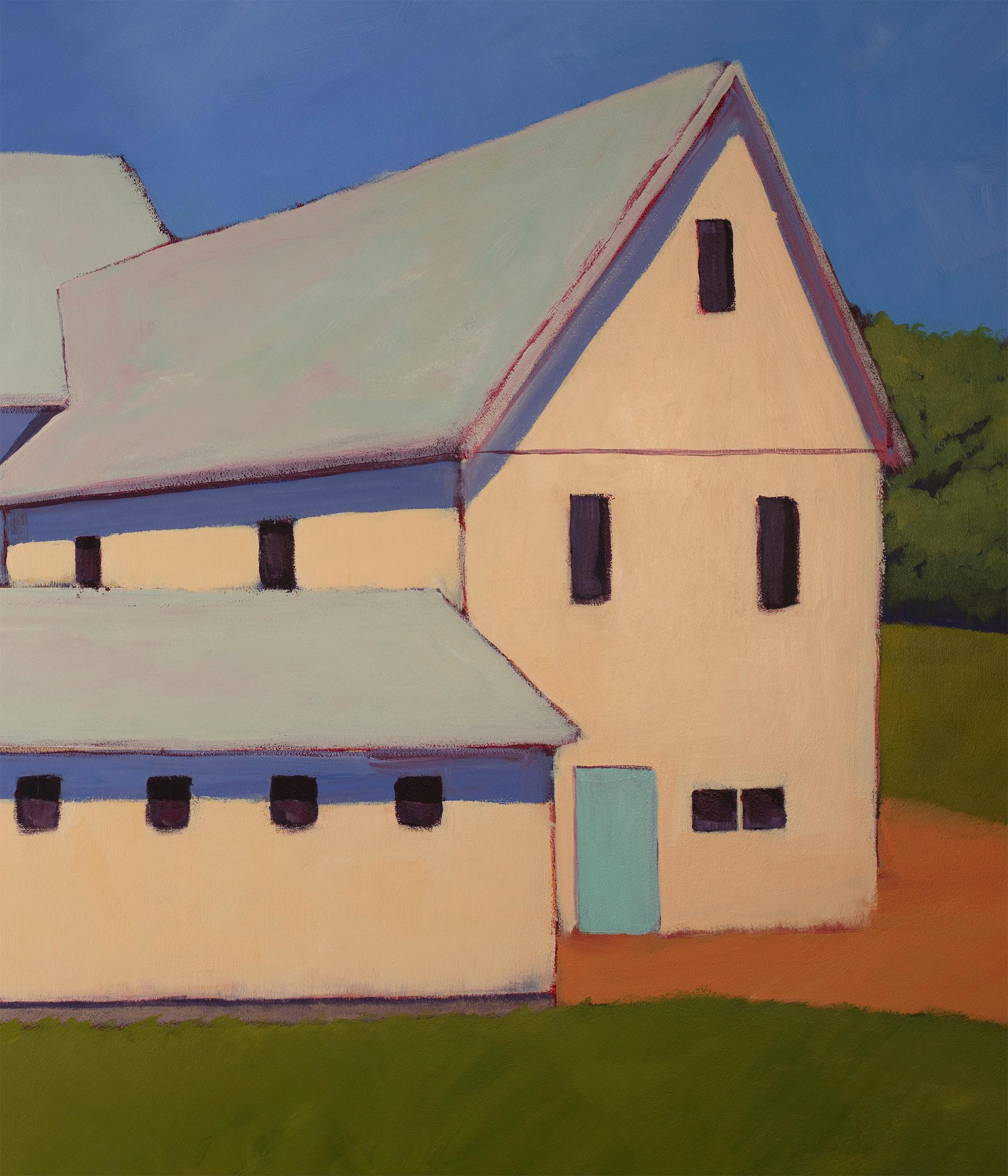 This contemporary landscape painting by Carol Young is made with acrylic paint on board. A warm creme-colored structure with a blue roof sits on muted green grass next to a lush green forest, beneath a vibrant blue sky. The sky and shadows cast by