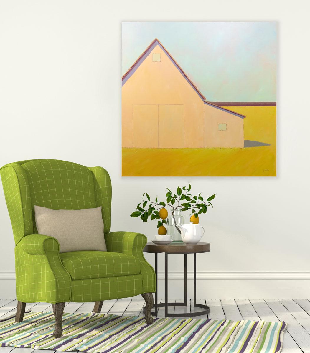 This contemporary landscape statement painting by Carol Young captures a rural scene with a barn-like structure in an open field. The bright, warm yellow and orange tones of the barn and ground are contrasted by the cool blue sky and lavender