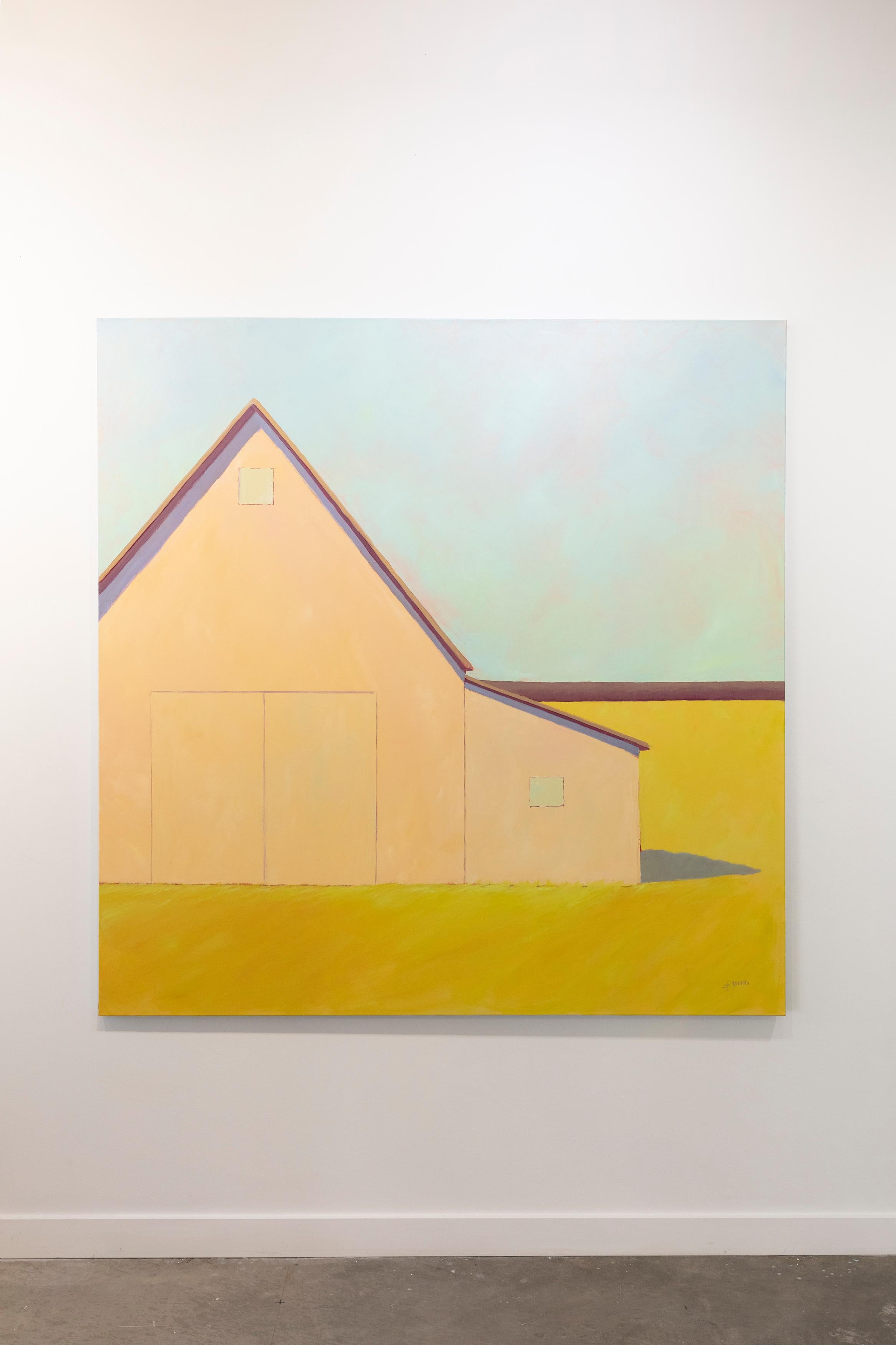 Dieses zeitgenössische Landschaftsgemälde von Carol Young zeigt eine ländliche Szene mit einem scheunenartigen Gebäude in einem offenen Feld. Die hellen, warmen Gelb- und Orangetöne der Scheune und des Bodens stehen im Kontrast zu dem kühlen Blau