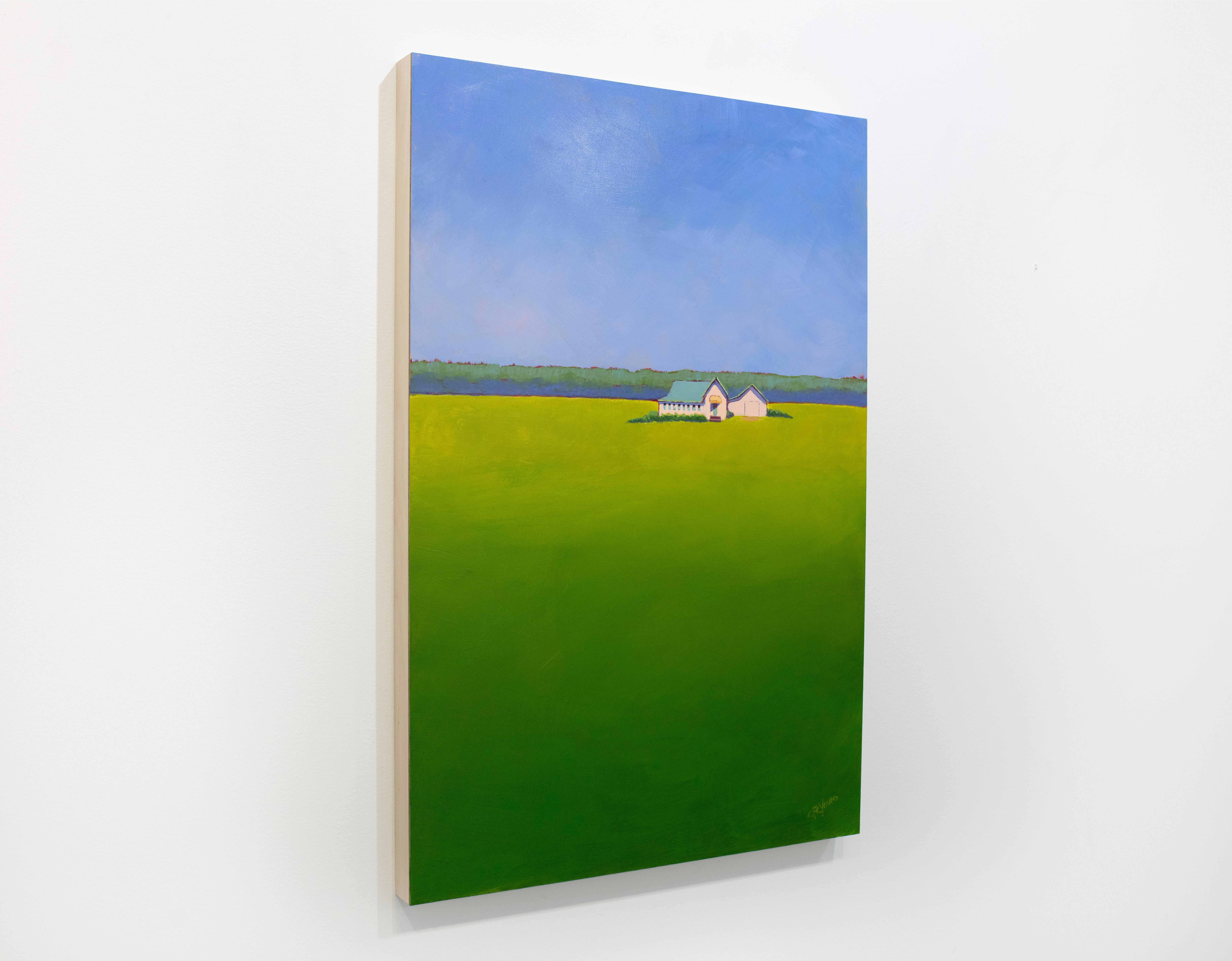 Ce paysage coloré peint par Carol Young présente une palette vibrante de vert et de bleu, avec une ligne d'horizon élevée, un feuillage vert et de petites granges. Au-dessus et au-dessous de lui se trouvent des étendues colorées de terre et de ciel.