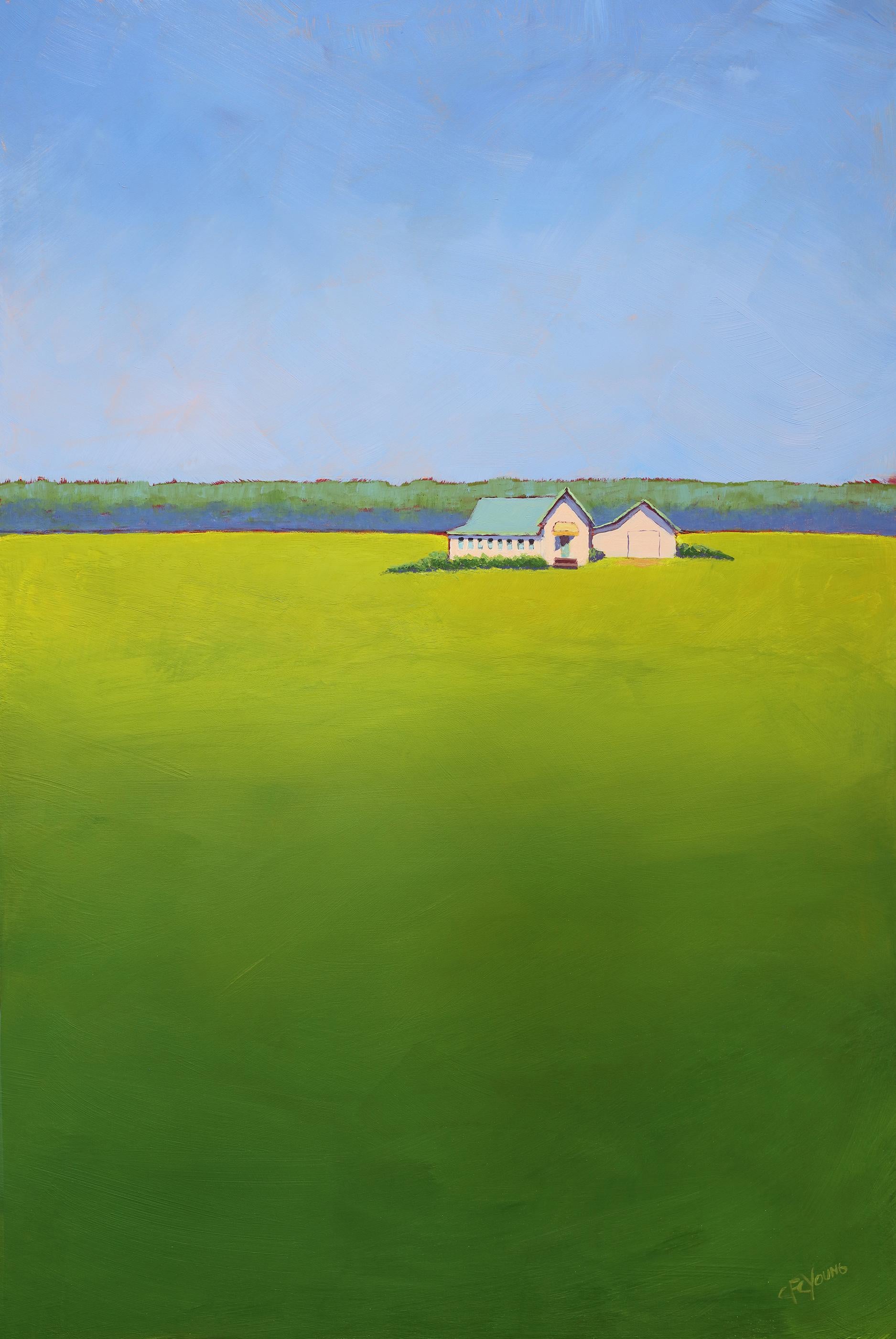 This colorful landscape painting by Carol Young features a vibrant green and blue palette, with a high horizon line, green foliage, and small barns. Above and below it are colorful expanses of ground and sky. The painting is made on panel, and has