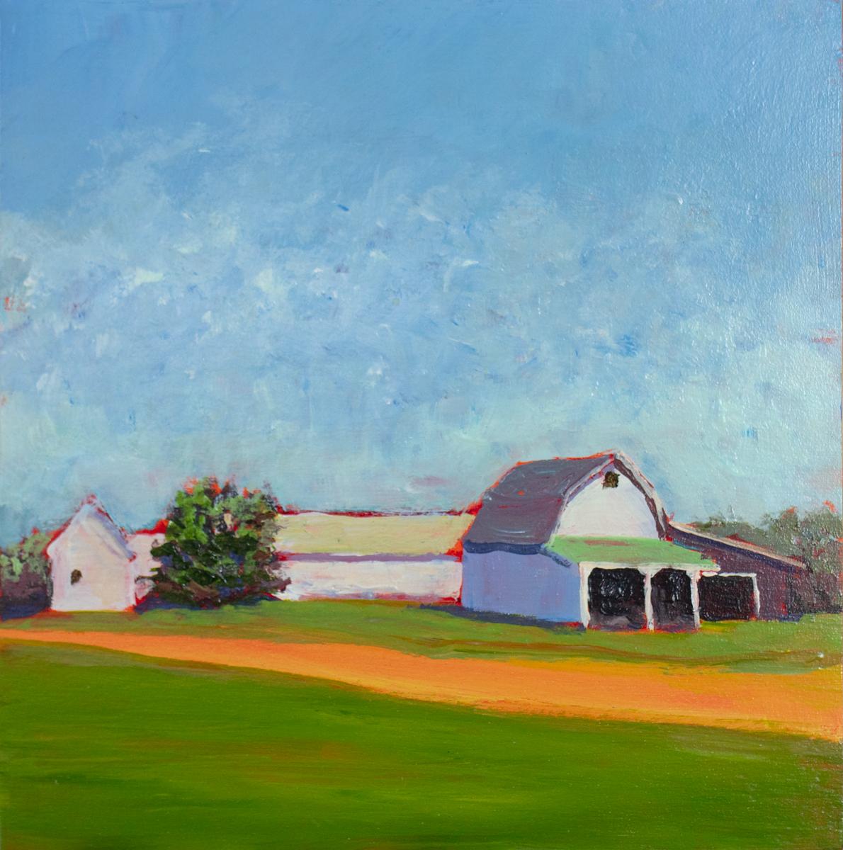 This small contemporary landscape painting by Carol Young features a colorful palette and captures a rural scene under a blue sky, with bright green grass contrasted by a warm orange road in the foreground. The painting is signed by the artist on