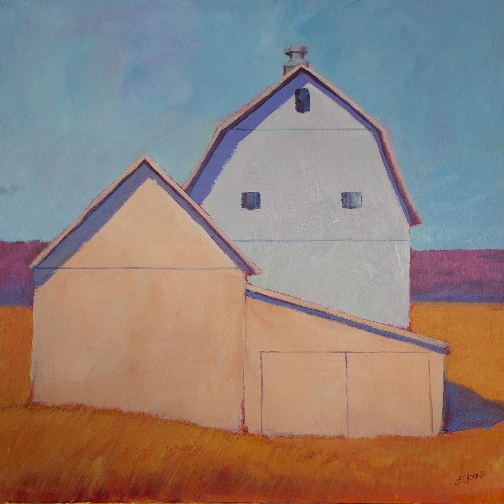 Carol Young Landscape Painting - "Sensing Spring, " Contemporary Barn Painting