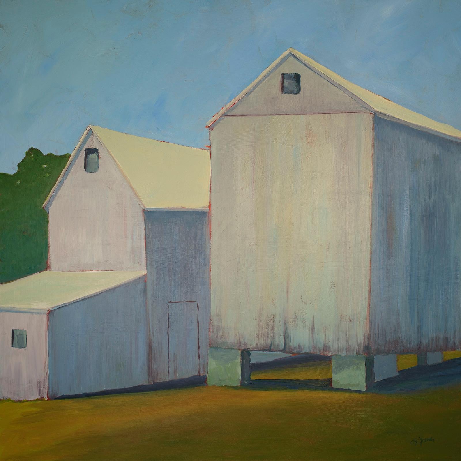 Carol Young Landscape Painting - "Six Feet Apart, " Contemporary Barn Painting