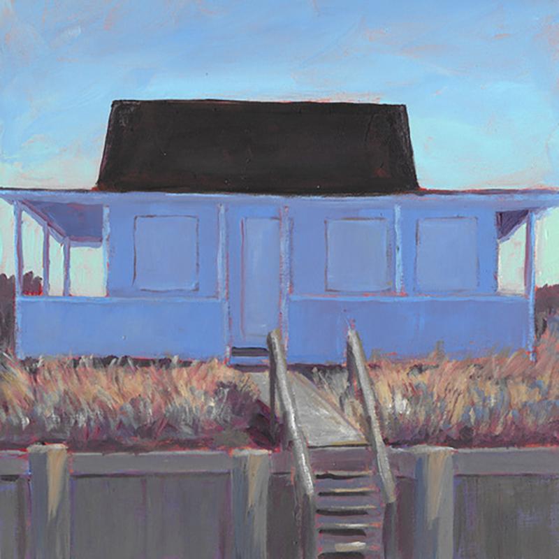 This small scale painting by Carol Young is made with acrylic paint on board. It captures a lilac-colored house with a dark roof, warm grass and a stairway in the foreground, which creates a coastal feel. A warm red under-painting is visible subtly