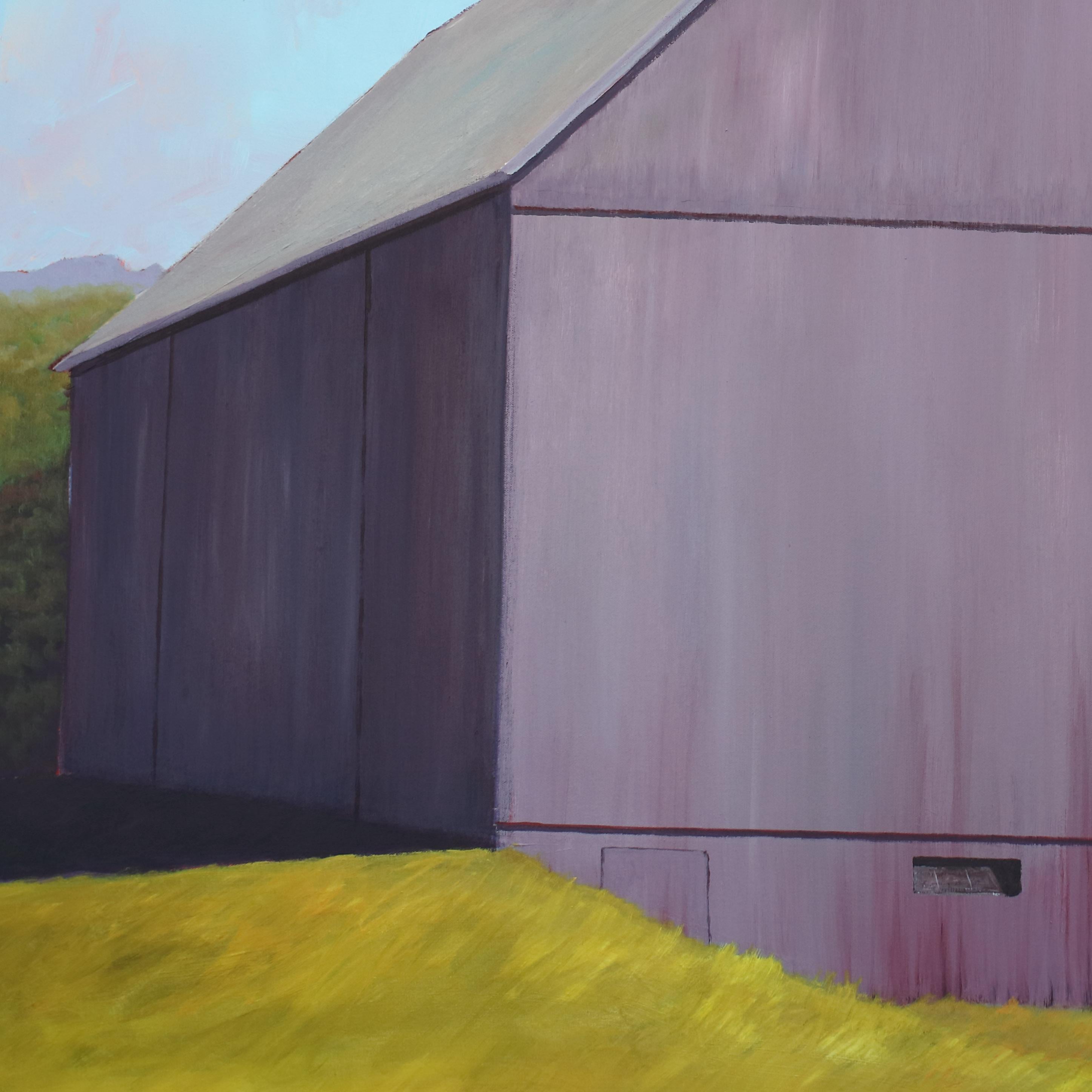 This large-scale contemporary landscape painting by Carol Young is made with acrylic paint on canvas. It depicts a muted purple barn next to a smaller, bright red barn. The red barn is contrasted by the wispy green grass and green shrubbery and