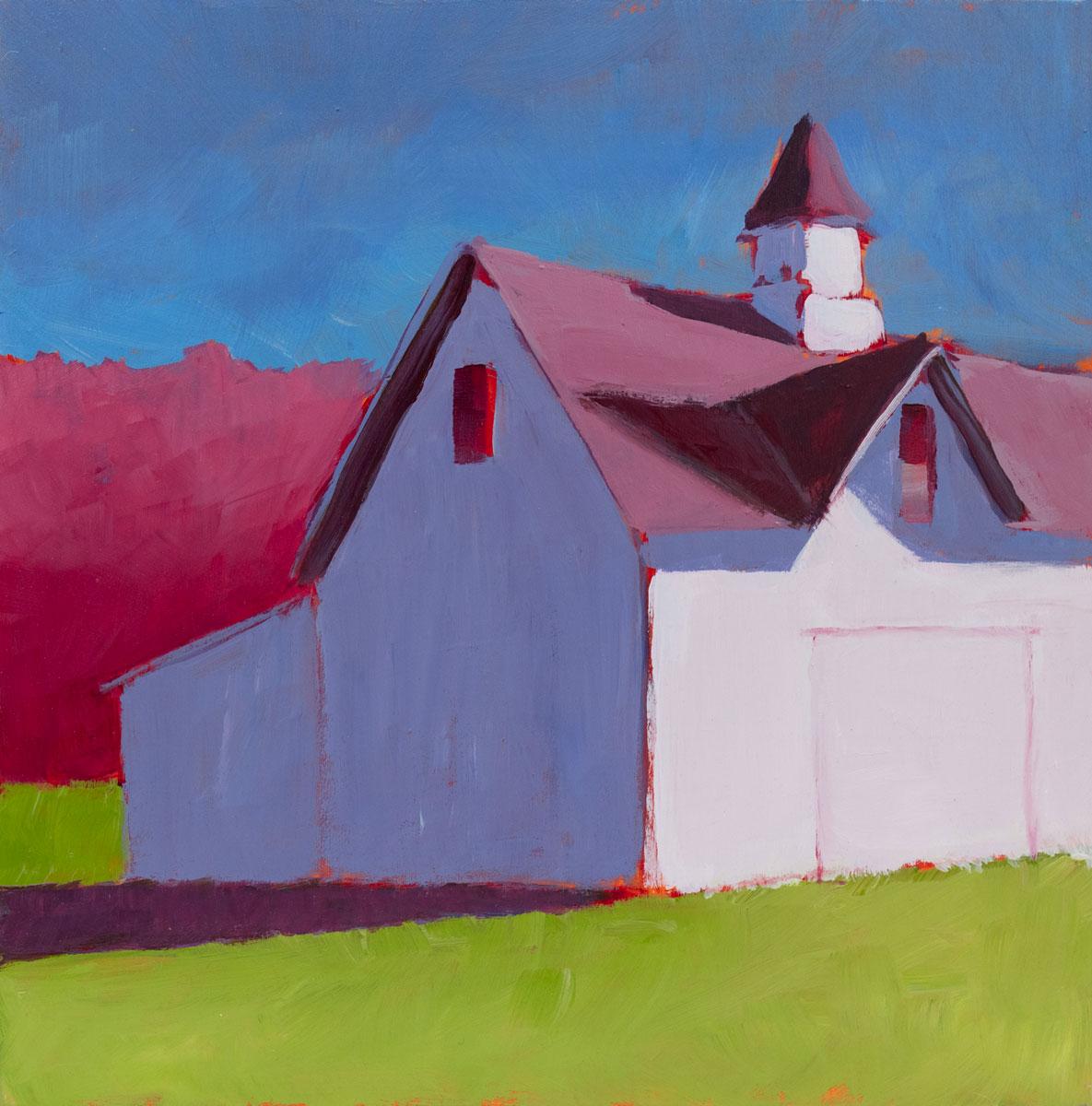 This small contemporary rural landscape painting by Carol Young features a lightly abstracted scene of a barn and a contrasting blue, green, and red palette. The painting is broken into simplified planes of color, capturing the warmth of the sun