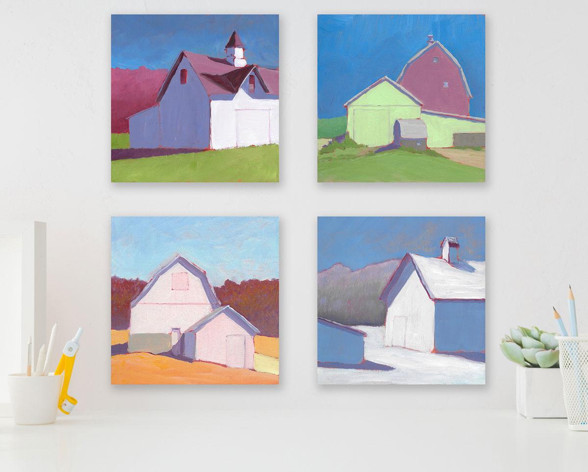Ce petit paysage rural contemporain peint par Carol Young présente une scène abstraite d'une grange avec une palette saturée et contrastée de bleu, de vert et de rouge. La peinture est décomposée en plans de couleurs simplifiés pour une scène