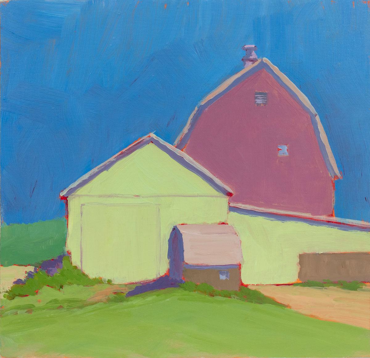 This small contemporary rural landscape painting by Carol Young features an abstracted scene of a barn with a saturated and contrasting blue, green, and red palette. The painting is broken into simplified planes of colors for a vibrant, colorful