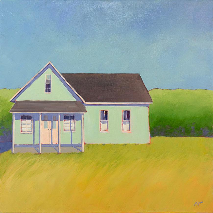 This colorful contemporary landscape painting by Carol Young features a vibrant palette and captures a rural scene. A mint-green house sits in a golden yellow field in front of green foliage, beneath a blue sky. The painting is signed by the artist