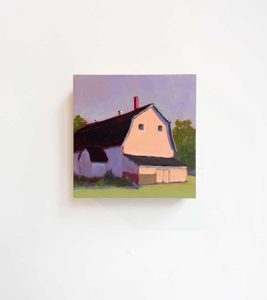 Cette petite peinture de grange contemporaine de Carol Young présente une palette vibrante de rose chaud contrastant avec des ombres violettes froides et un feuillage vert luxuriant. Le tableau est réalisé sur carton et présente des côtés en bois