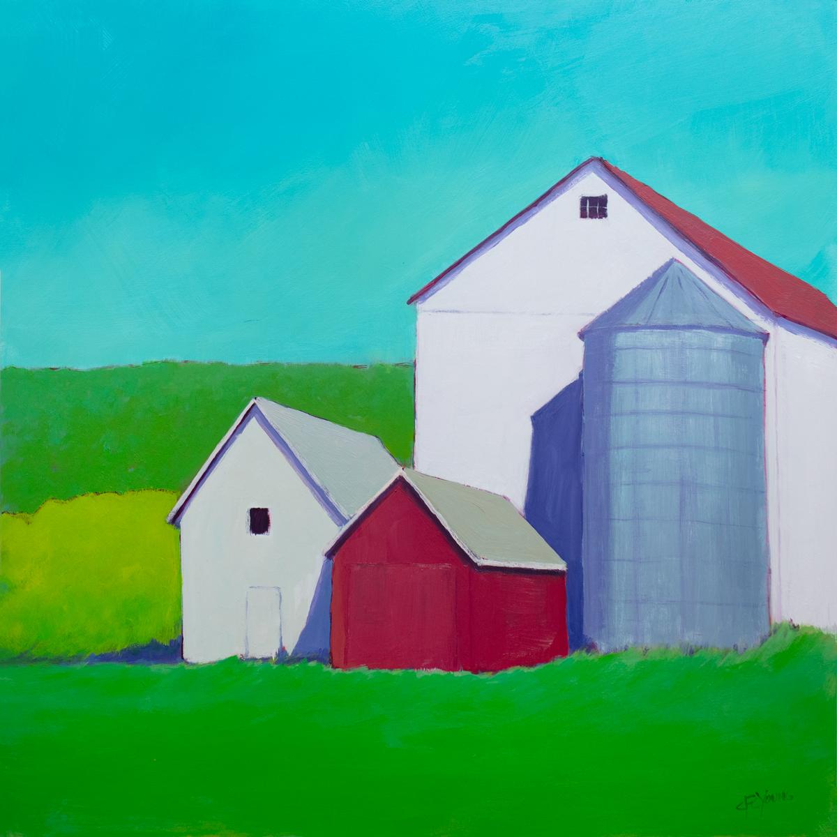 This colorful contemporary landscape painting by Carol Young features a vibrant palette and captures three white and red barns surrounded by greenery under a turquoise blue sky. The barns cast stark, cool purple shadows while the green foliage and
