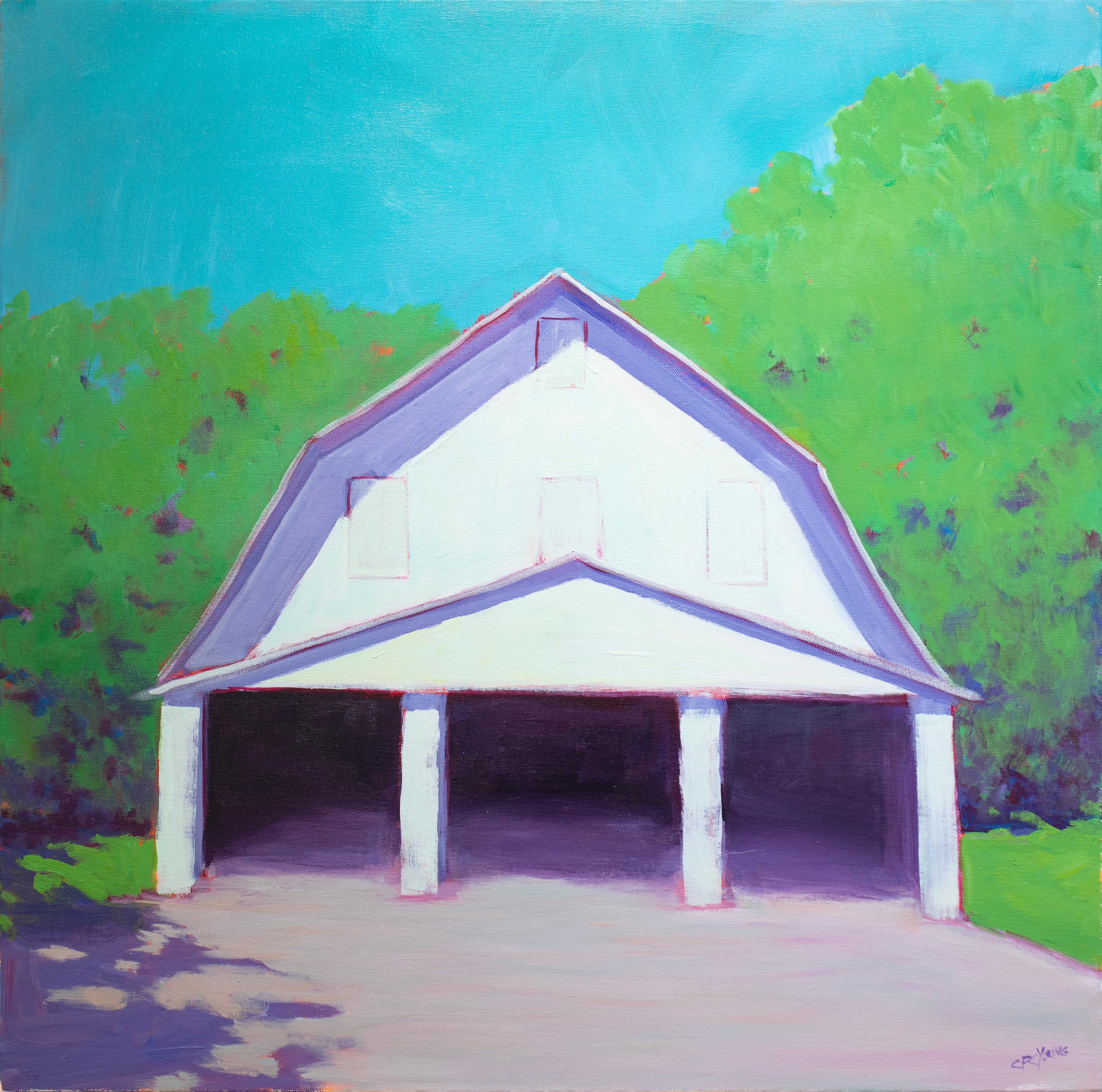 This contemporary realistic landscape painting by Carol Young captures a barn in a rural setting. It features a vibrant palette, with a light blue structure and violet shadows cast over the structure, and a warm red underpainting. Simply-rendered