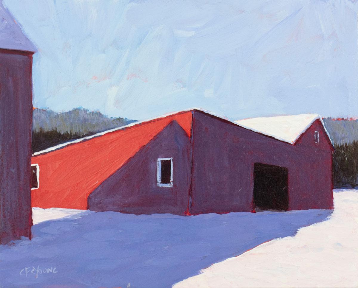 This small contemporary winter landscape painting by Carol Young features an abstracted scene of a barn in the snow.  The painting is broken into simplified planes of color with cool, blue, lavender and white tones contrasted by a vibrant red barn.