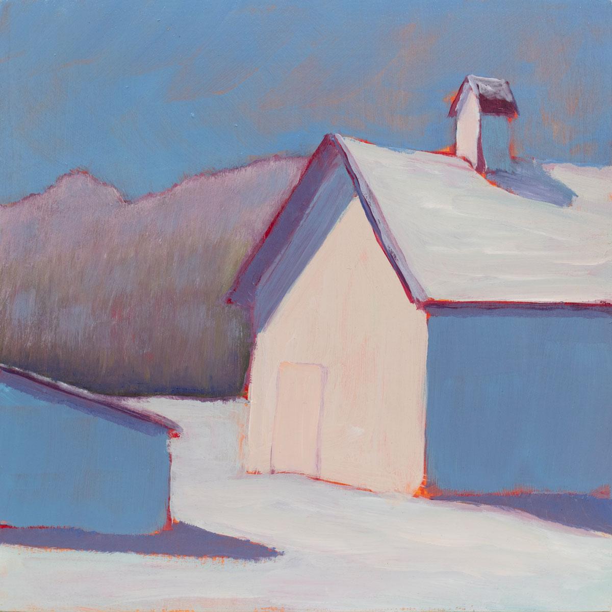 This small contemporary winter landscape painting by Carol Young features an abstracted scene of a barn in the snow.  The painting is broken into simplified planes of color with cool, blue, lavender and white tones contrasted by warm cream and red,