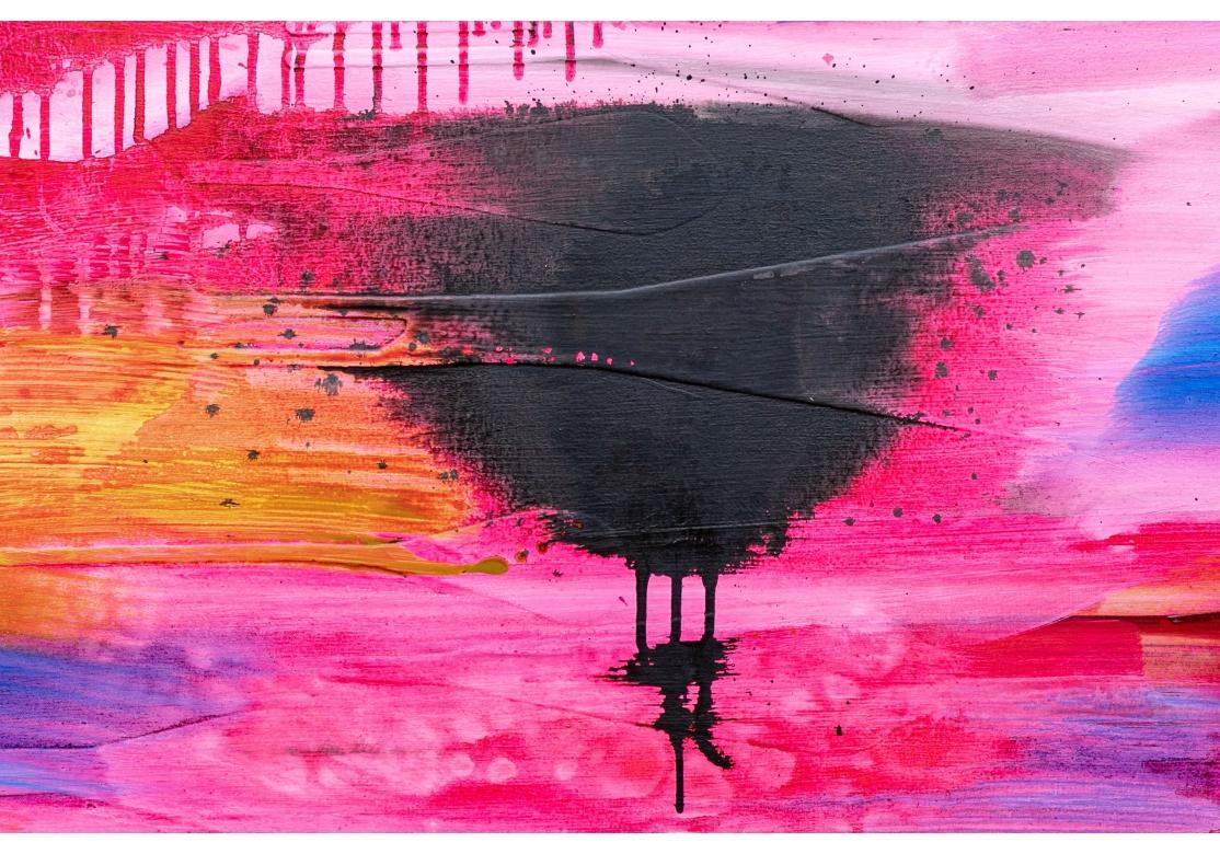 A striking Painting with vivid color and movement. Signed and dated 2012 on the stretcher. A noted abstract artist, here her composition is in bright pink tones with swaths of blue and white and two large black accents. Drips of the paint add