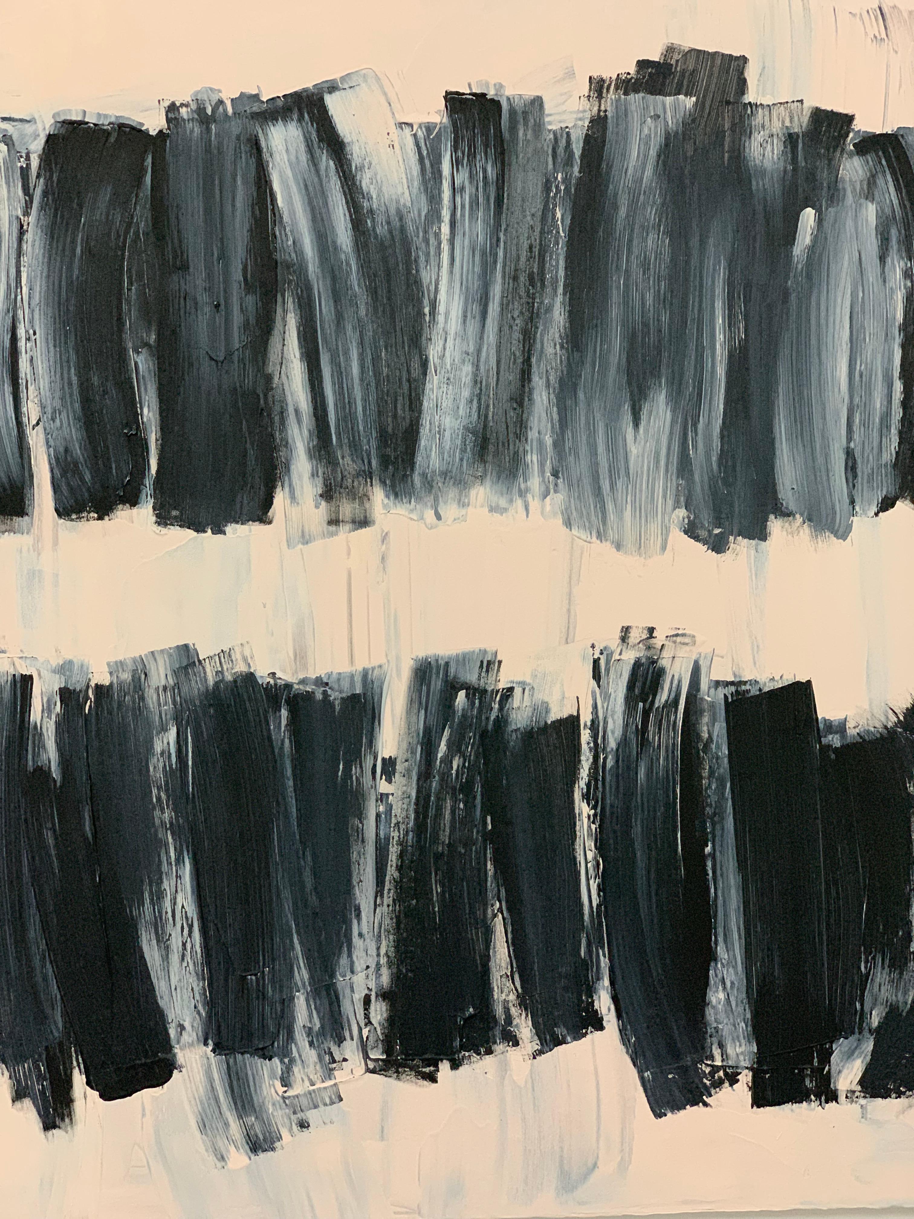 This abstract black and beige painting by Carolanna Parlato paintings draws on memories and imaginings of color and light. They are spaces for color; color is both material and subject. Its effects are revealed in the process of seeing and