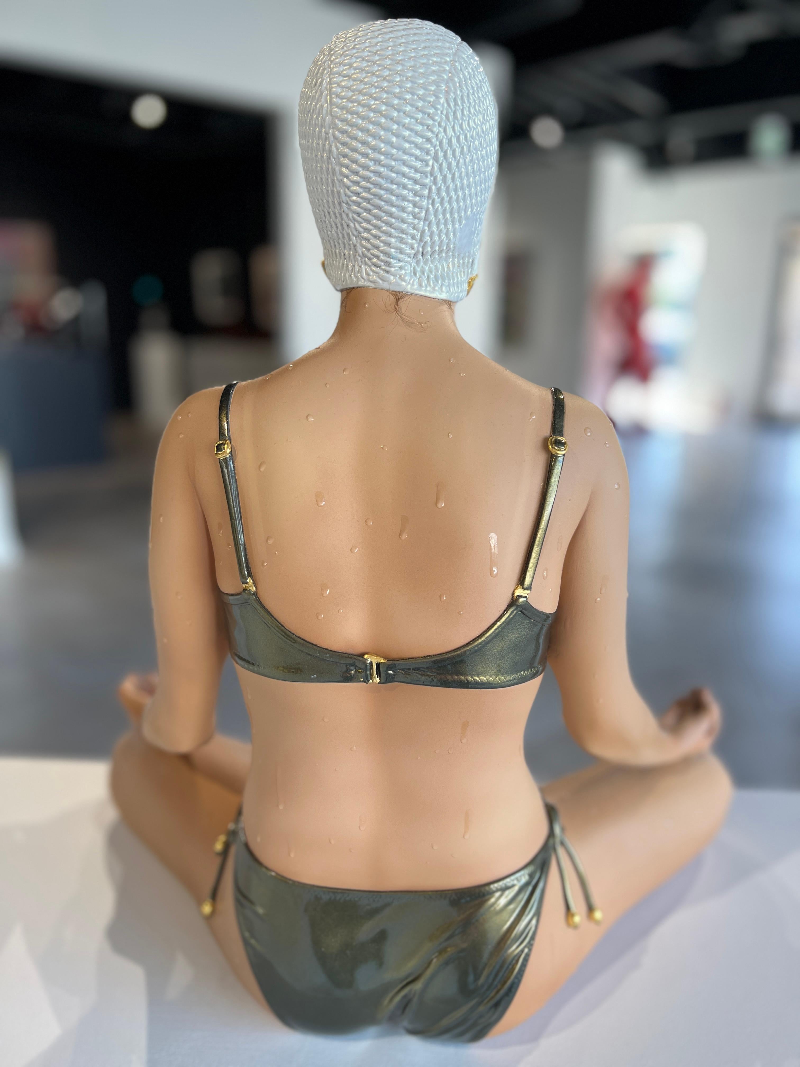 Miniature Balance with Painted Pearl White Cap and Green Suit - Contemporary Sculpture by Carole A. Feuerman