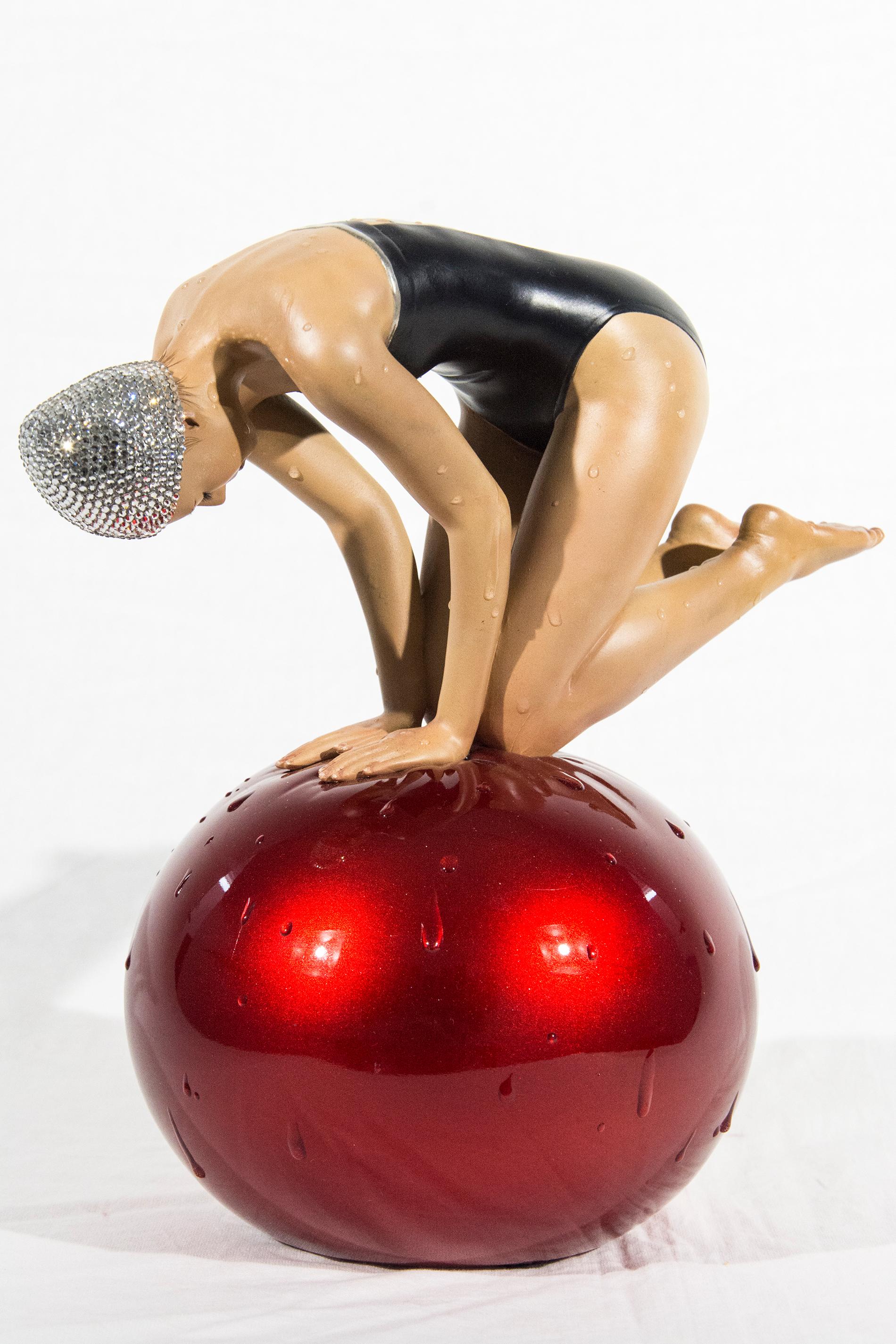 Miniature Quan with Red Ball and Swarovski Crystal Cap 16/28 - Sculpture by Carole A. Feuerman