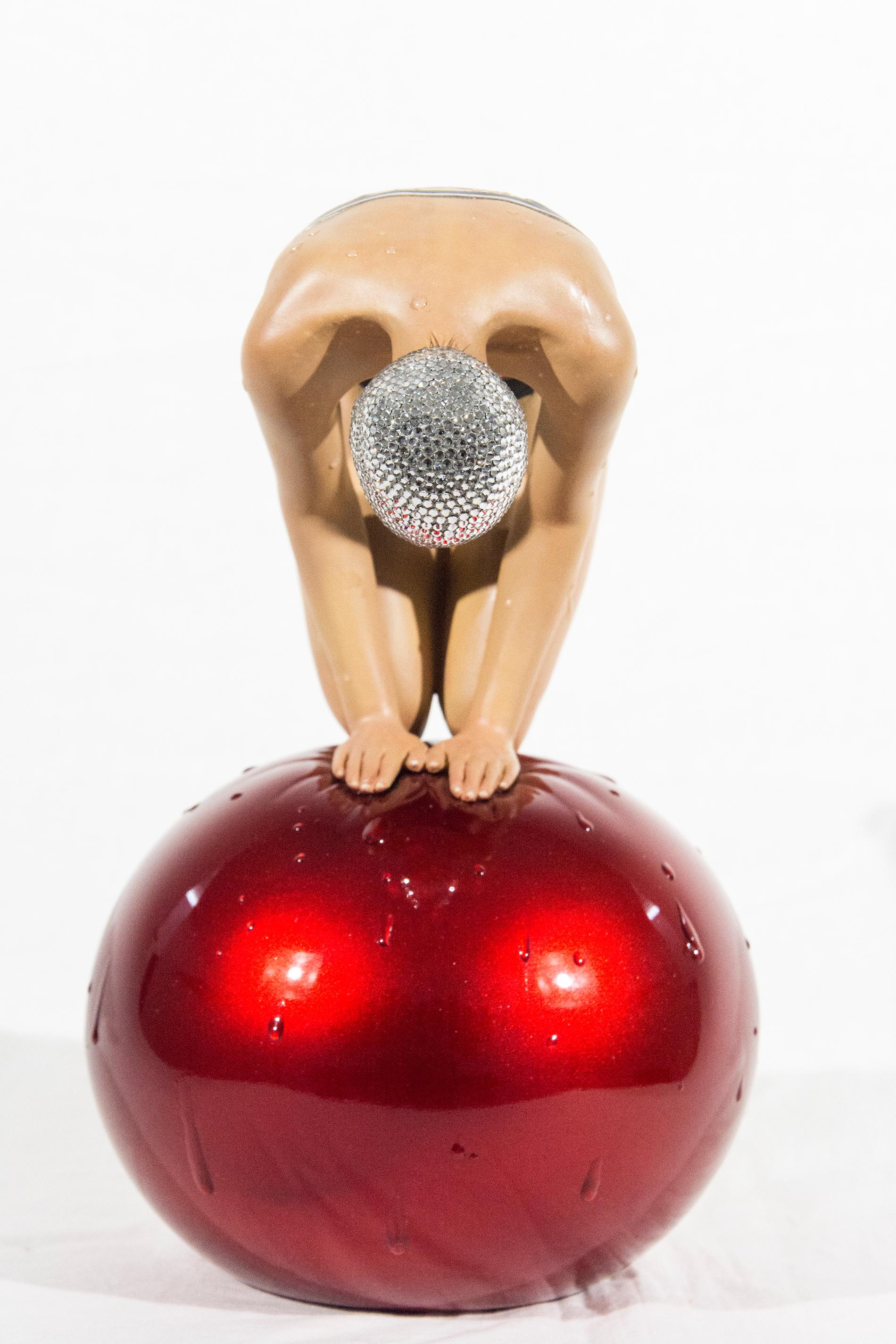 Miniature Quan with Red Ball and Swarovski Crystal Cap 16/28 - Gray Figurative Sculpture by Carole A. Feuerman