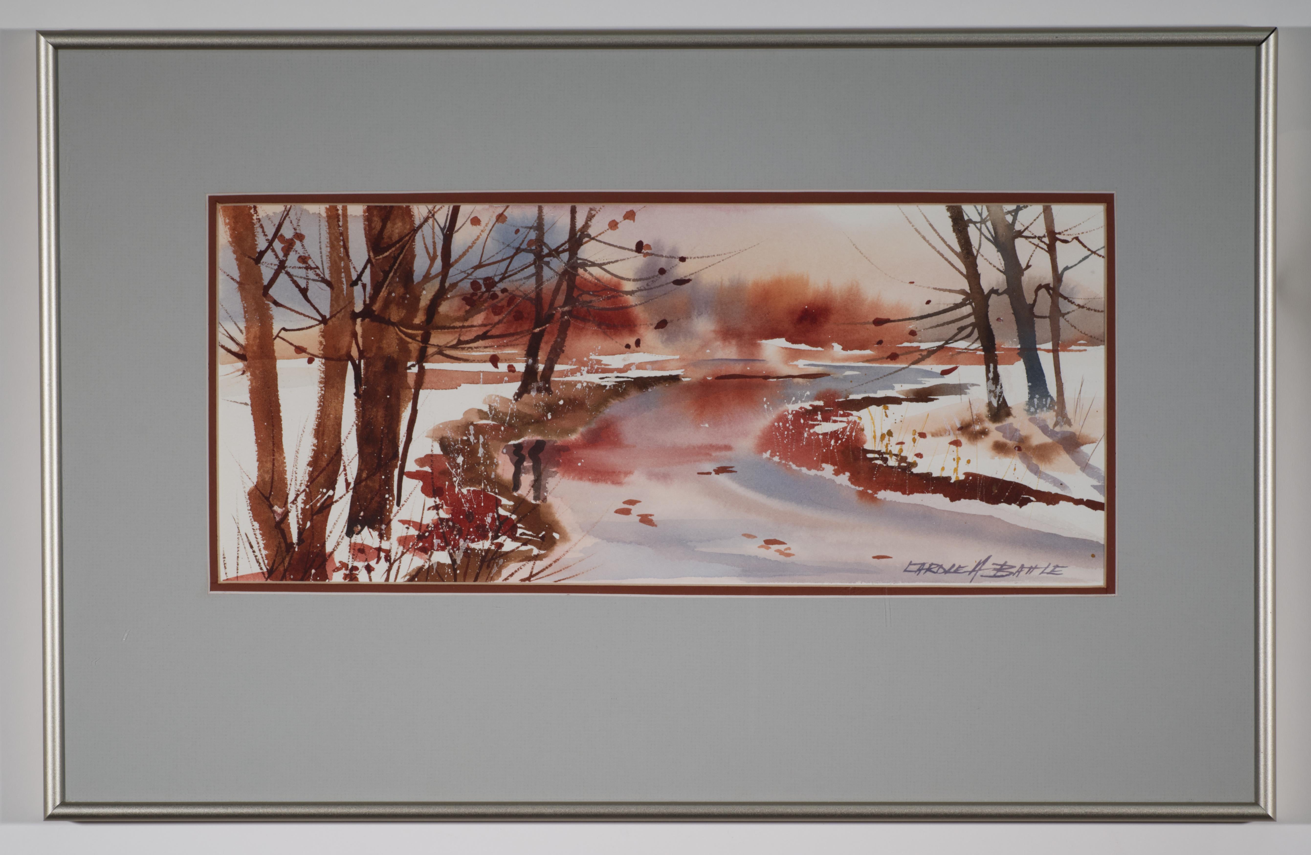  La obra original de la artista establecida de Rochester NY Carole Ann Battle presenta un paisaje invernal con vistas a un río en una paleta tranquila y reservada. Se enmarcó profesionalmente con doble paspartú para exponerla en la galería.

El