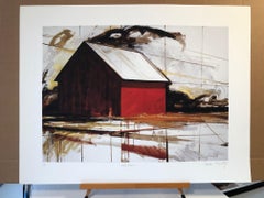 "Red Barn" Architectural painting of a red barn, geometric, graphic and bright