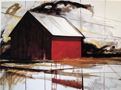"Red Barn" Architectural painting of a red barn, geometric, graphic and bright