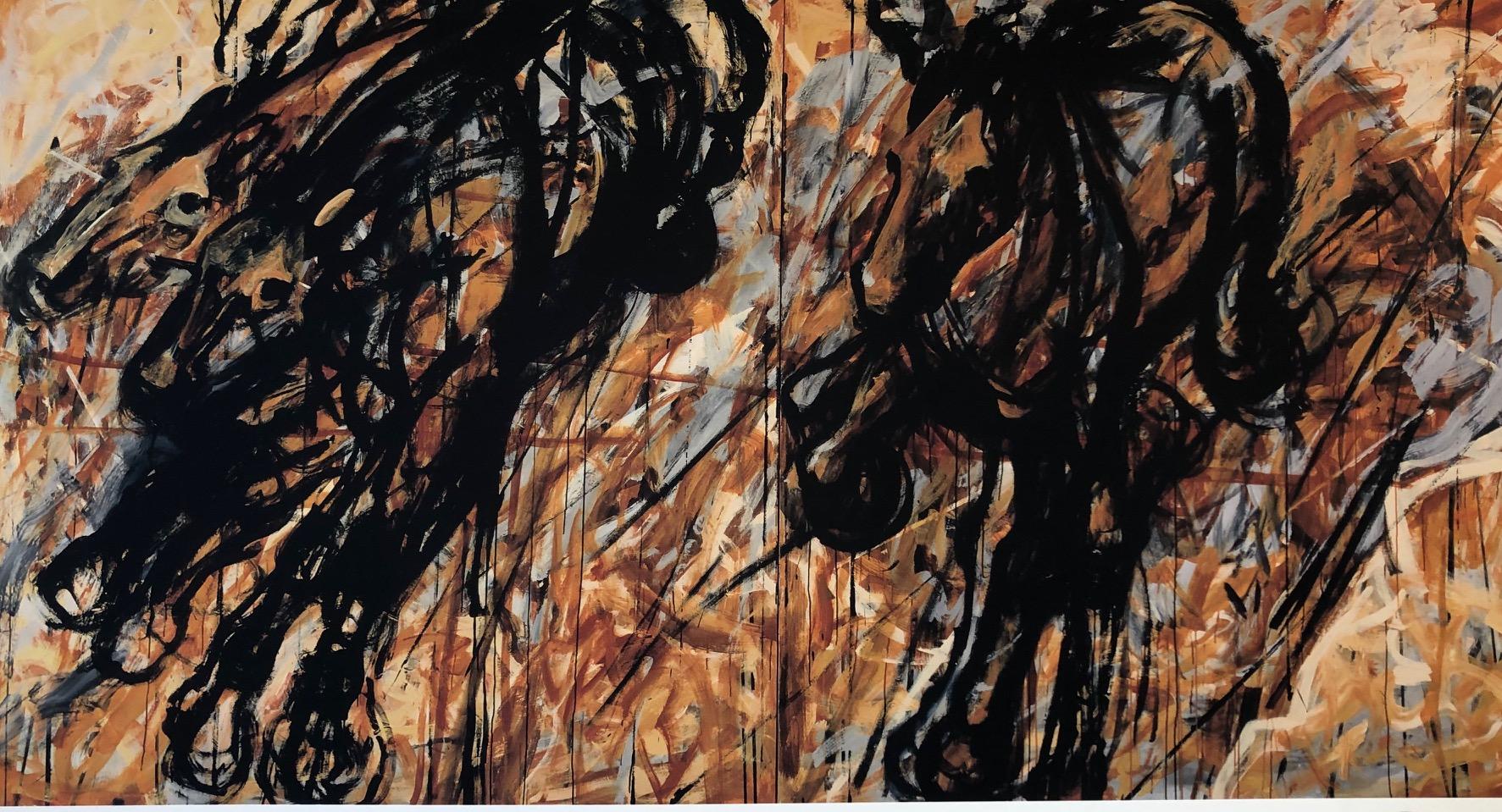 Carole Bolsey Animal Print - "Three Galloping" Running black and brown horses painted with wild brushstrokes 