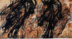 "Three Galloping" Running black and brown horses painted with wild brushstrokes
