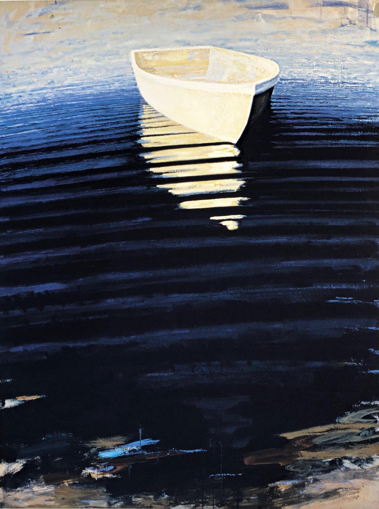 Carole Bolsey Landscape Print - "Waterfield Rowboat" Dark blue water striped with light reflections of boat