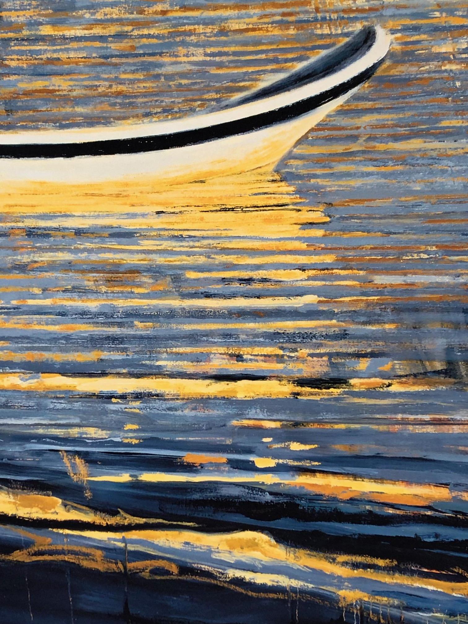 Carole Bolsey Landscape Print - "Waterfields Boats at Akumal" Blue stripes reflecting boats on shimmering water