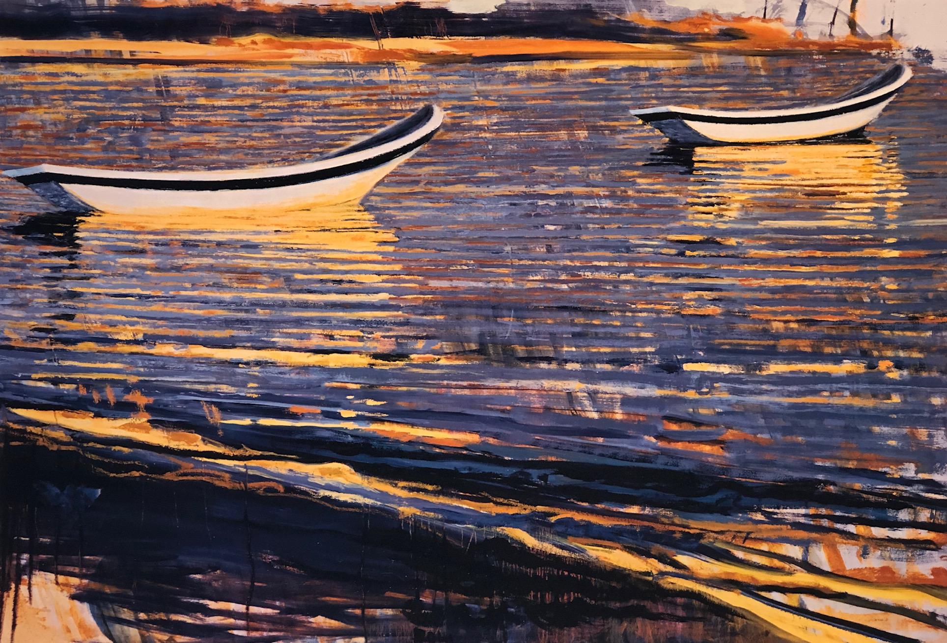 Carole Bolsey Landscape Print - "Waterfields Boats at Akumel" painterly work of boats in reflecting purple water