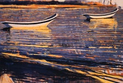"Waterfields Boats at Akumel" painterly work of boats in reflecting purple water