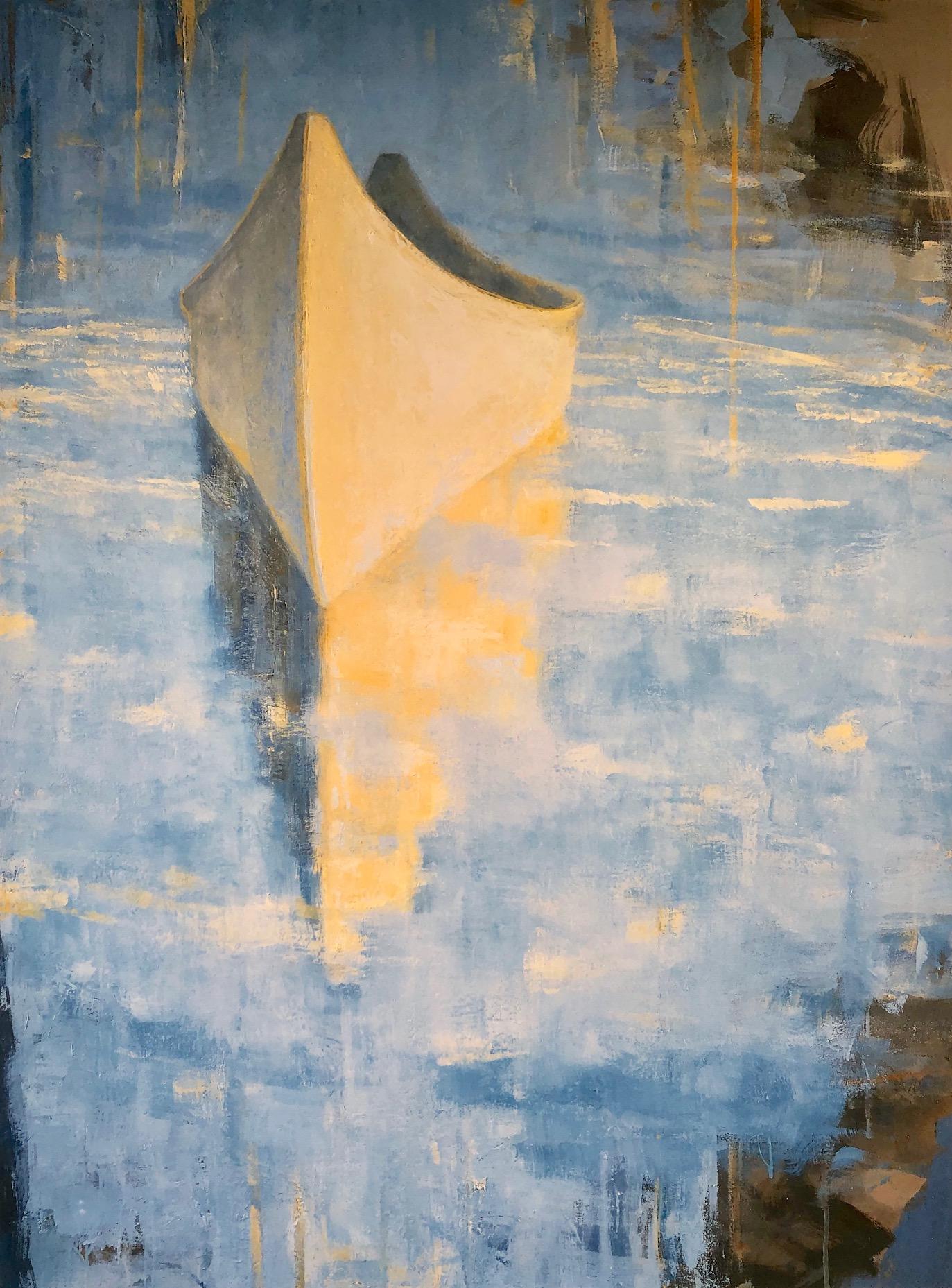 Carole Bolsey Landscape Print - "Waterfields Dawn Canoe" Serene scene of yellow canoe on blue reflective water